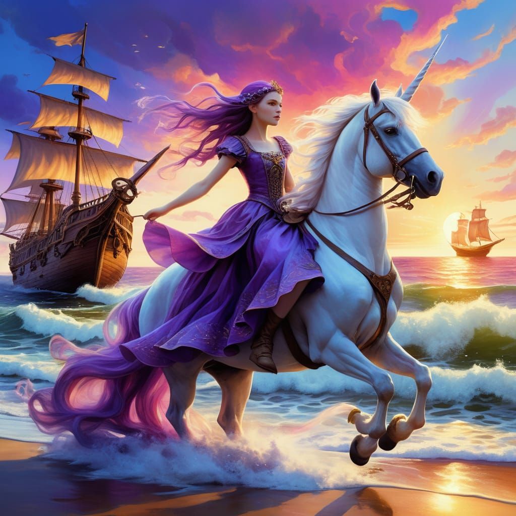 Mythical Fantasy Art of a Unicorn and Elf Gnome on a Beach