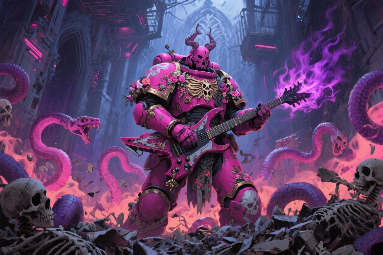 Noise Marine Playing Fiery Guitar in Gothic Cyberpunk Settin...