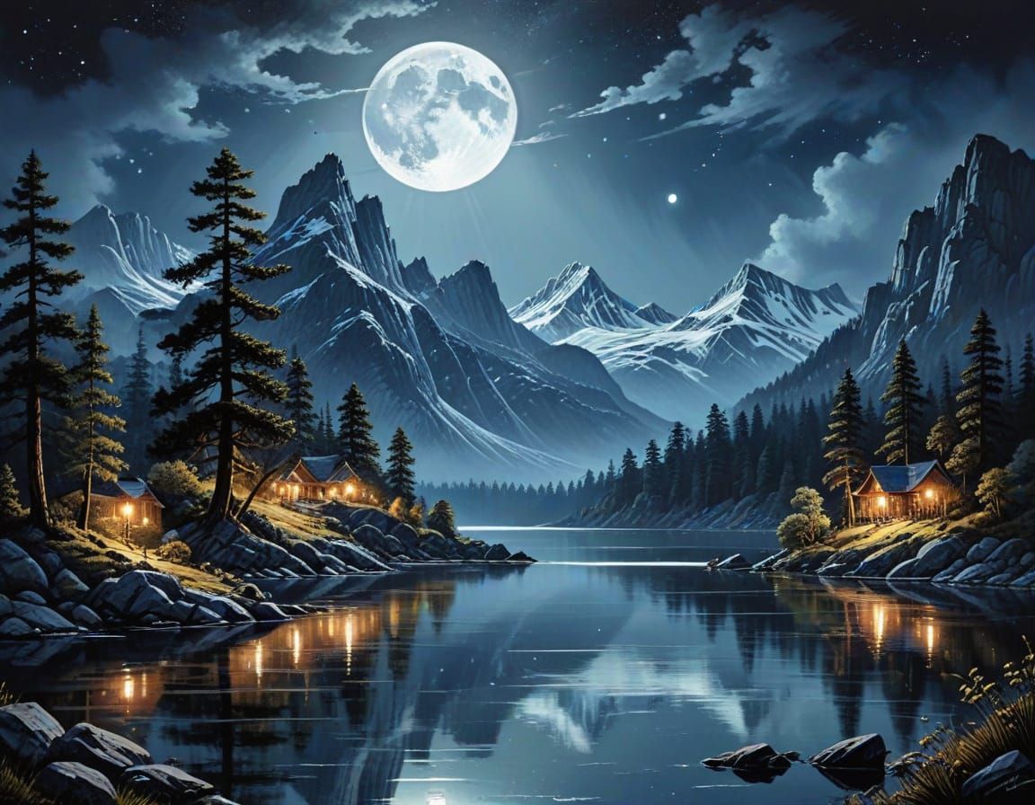 Ethereal Art Deco Mountain Landscape Under a Full Moon