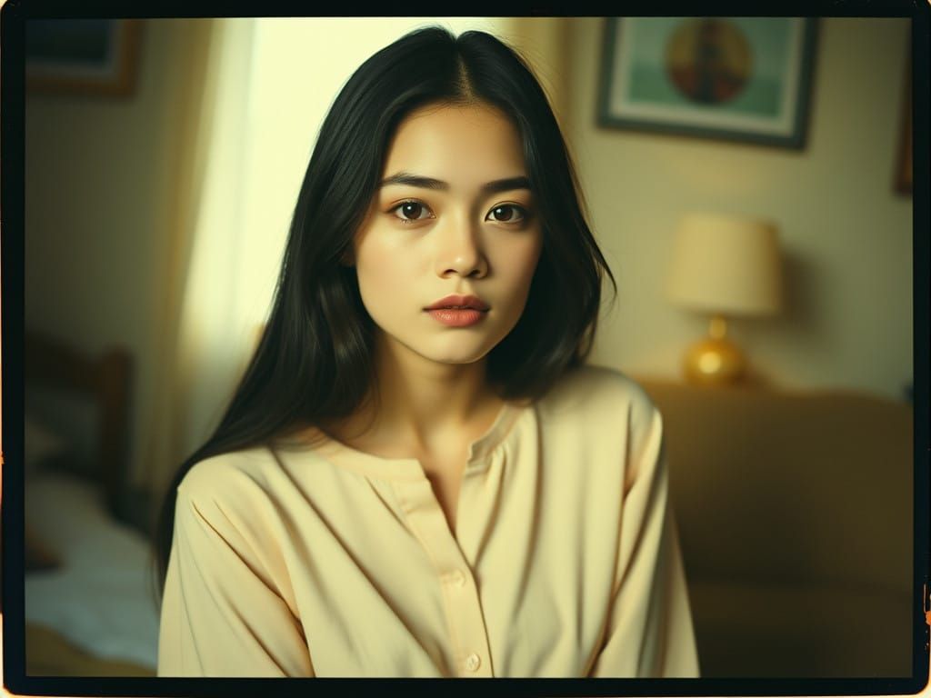 Woman in Pastel-Colored Blouse, Polaroid Portrait in Soft Li...