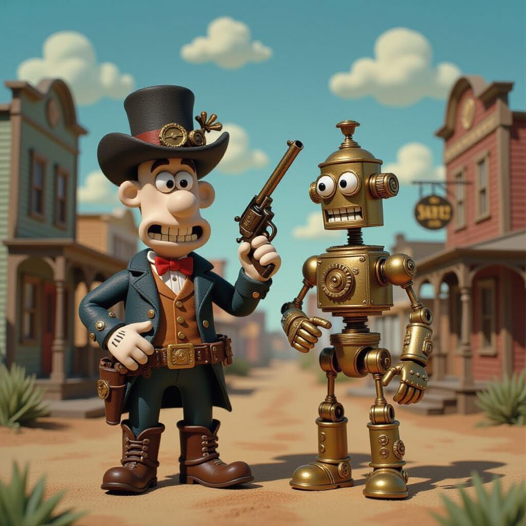 Steampunk Claymation Cowboy and Robot in Surreal West