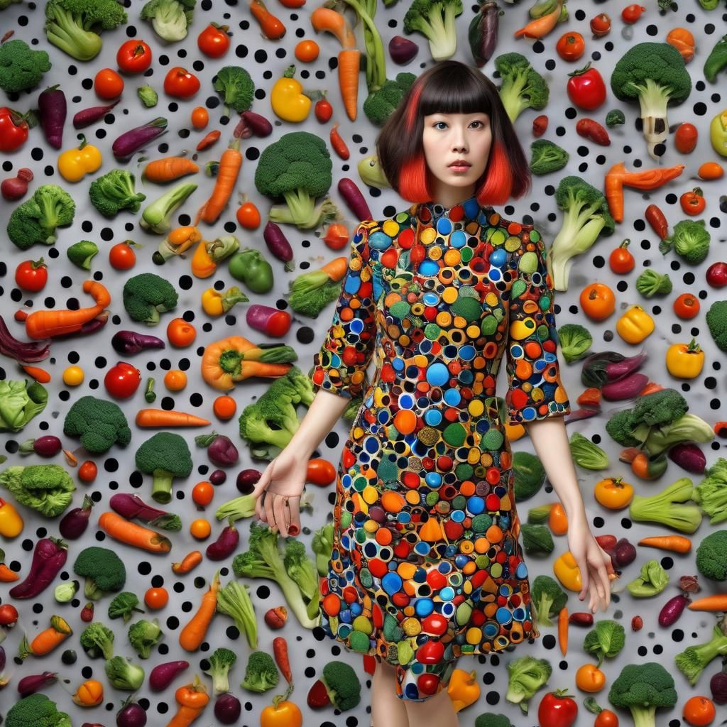 Art by Yayoi Kusama, polka-dot dress made of assorted vegeta...