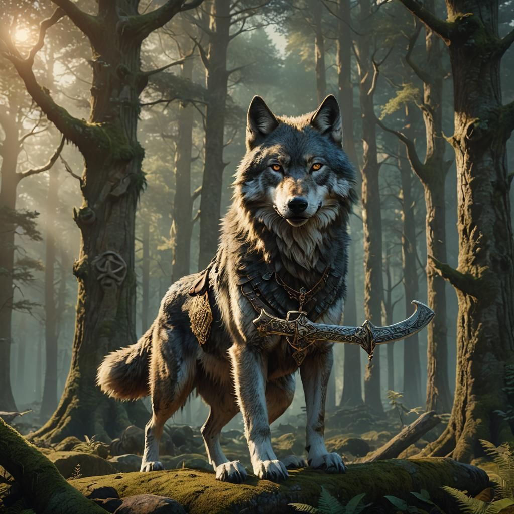 Majestic Wolf Grasping Magical Scimitar in Mystical Forest