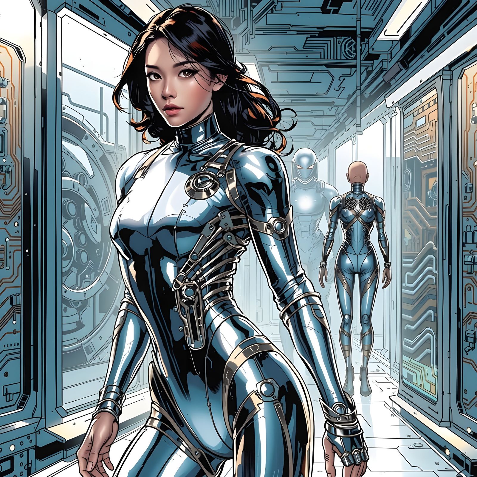 Cyborg Woman in Futuristic Biomechanical Bodysuit