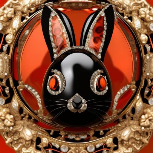 Bejeweled Faberge Rabbit Figurine in Carnelian and Obsidian