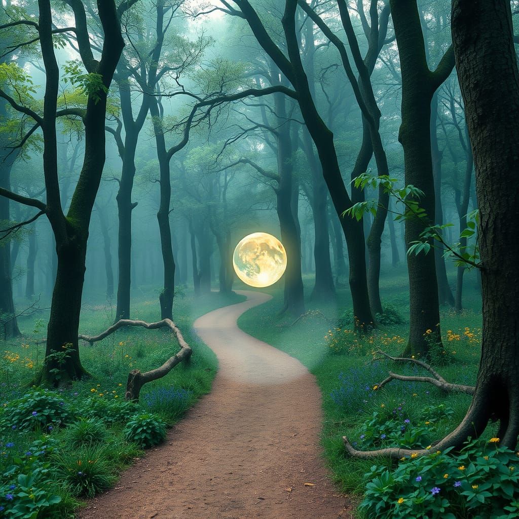 Surreal Forest Path with Glowing Ethereal Sphere in Impressi...