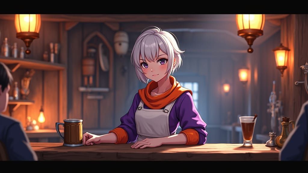 Welcoming Tavern Keeper in Vibrant Purple and Orange Attire