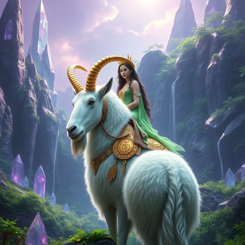Ethereal Princess Rides Majestic Goat Through Amethyst Fores...