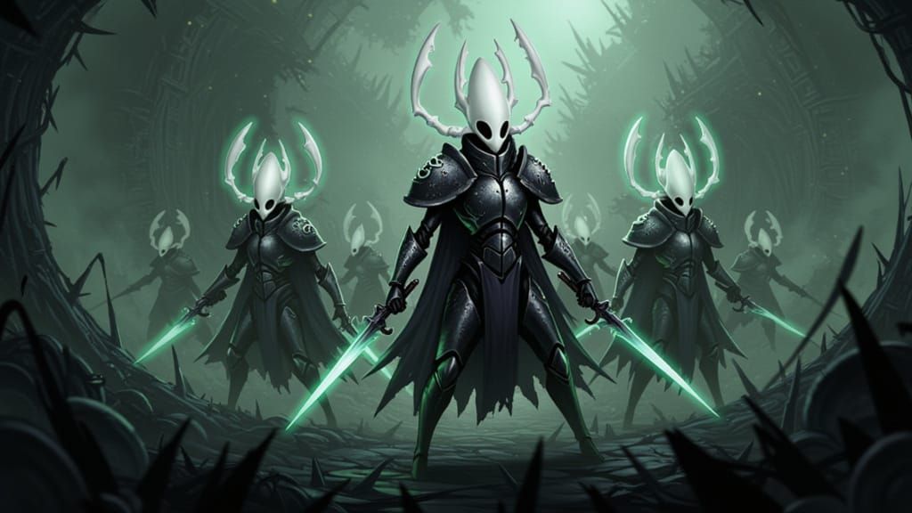 Aeldari Warriors in Hollow Knight Gothic Sci-Fi Style