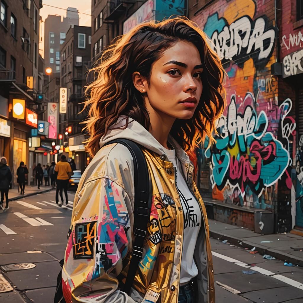 Empowered Girl in Vibrant City Street Art