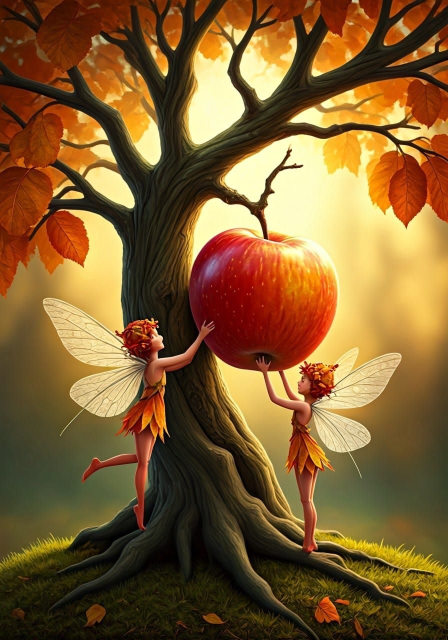 Fairies Harvesting Ambrosia Apple in Golden Light