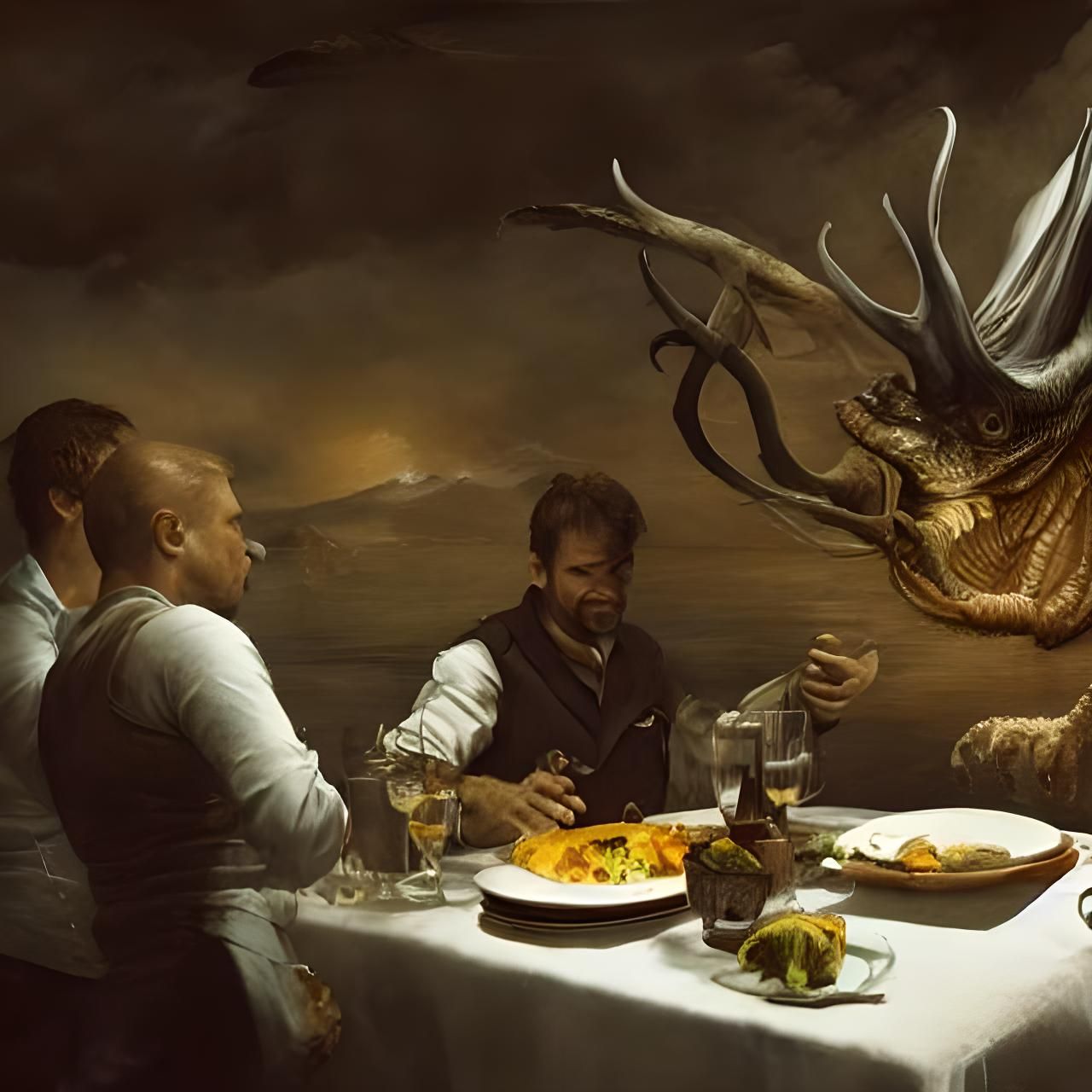 Hyperrealistic Painting of Waiter With Dinner Specials