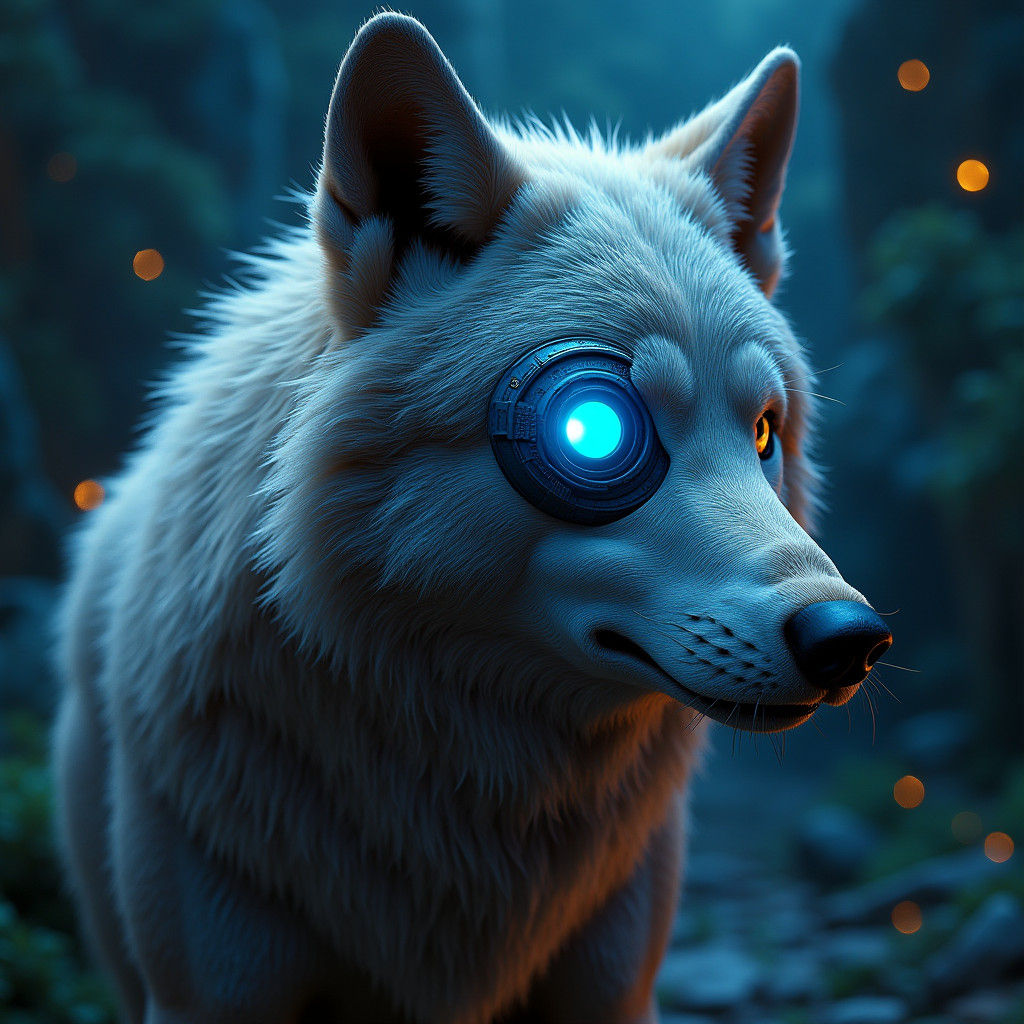 Wolf with Cybernetic Eye in Biomechanical Landscape