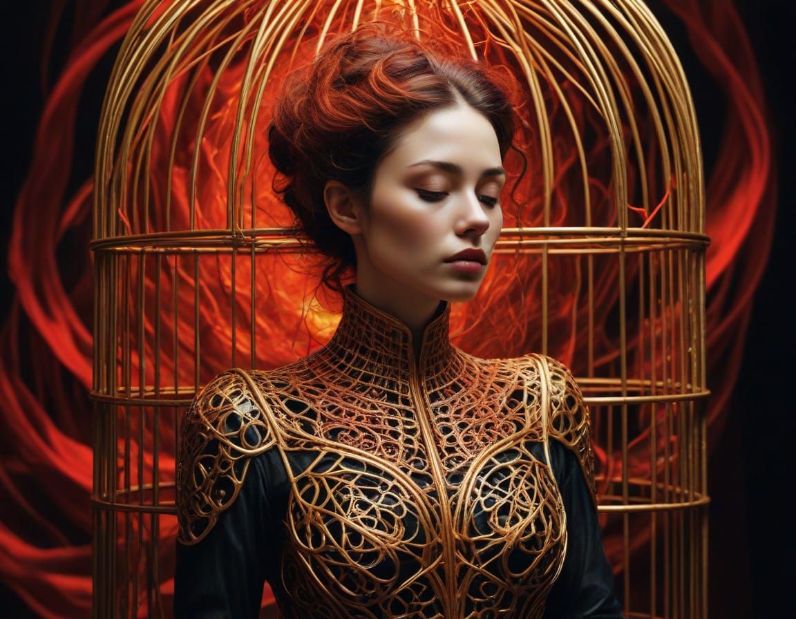 Golden Cage Goddess in Egon Schiele Style Optical Illusion