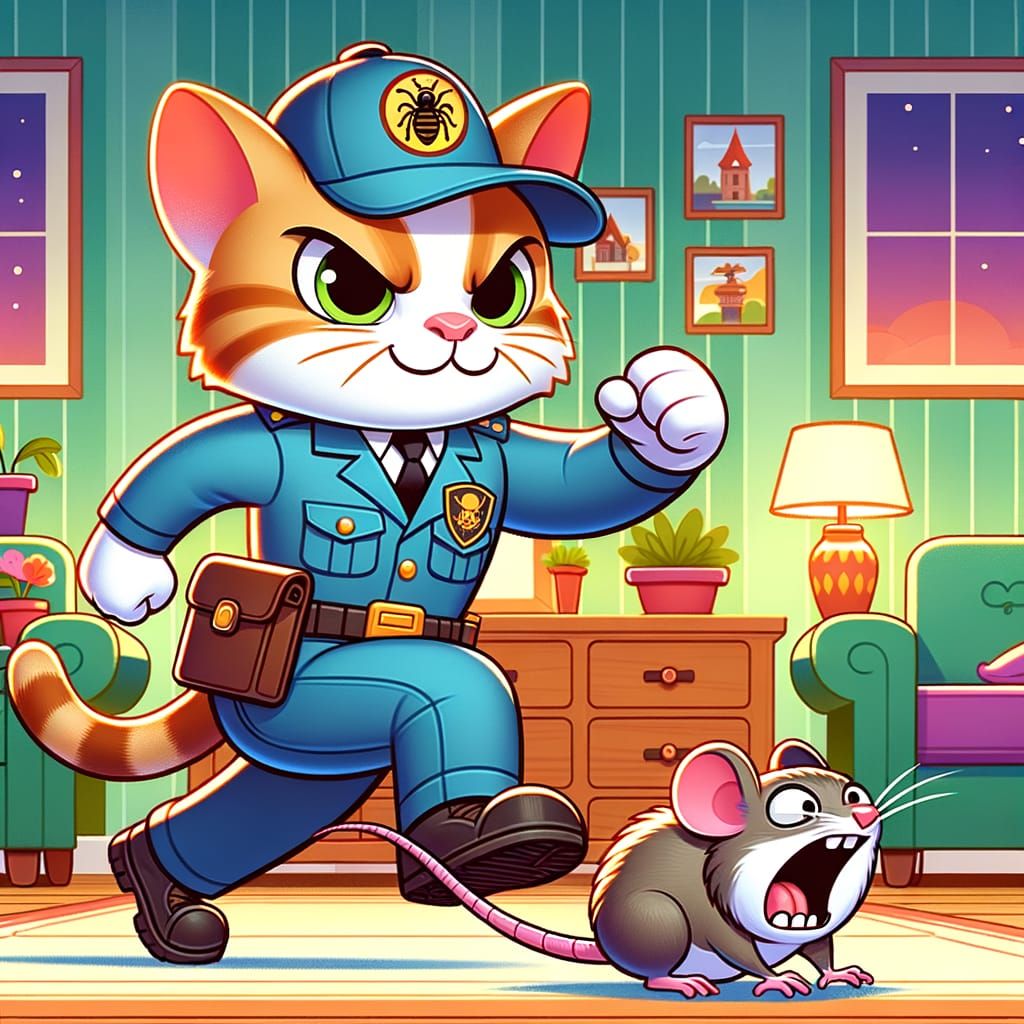 Cartoon Cat Pest Controller in Living Room