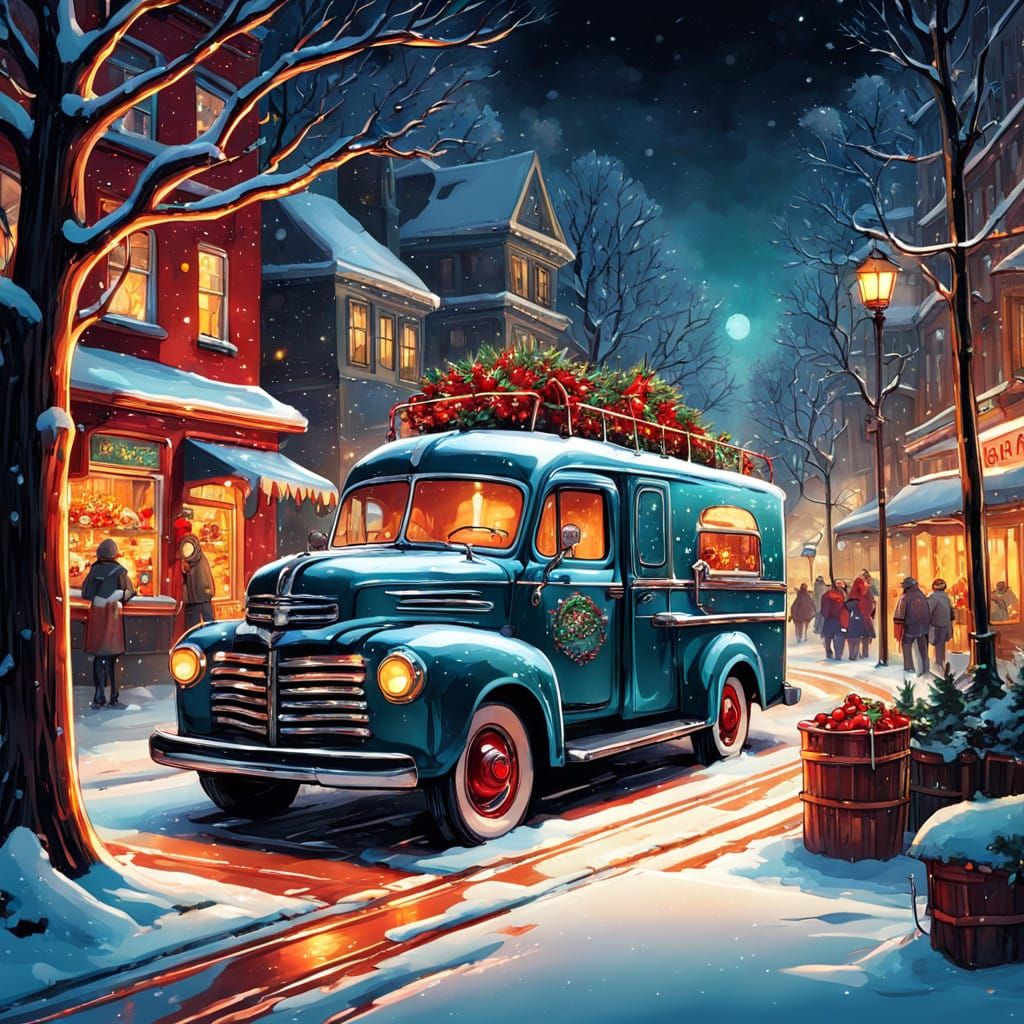 Vibrant Fantasy Diner Food Truck Under Twinkling Christmas L...