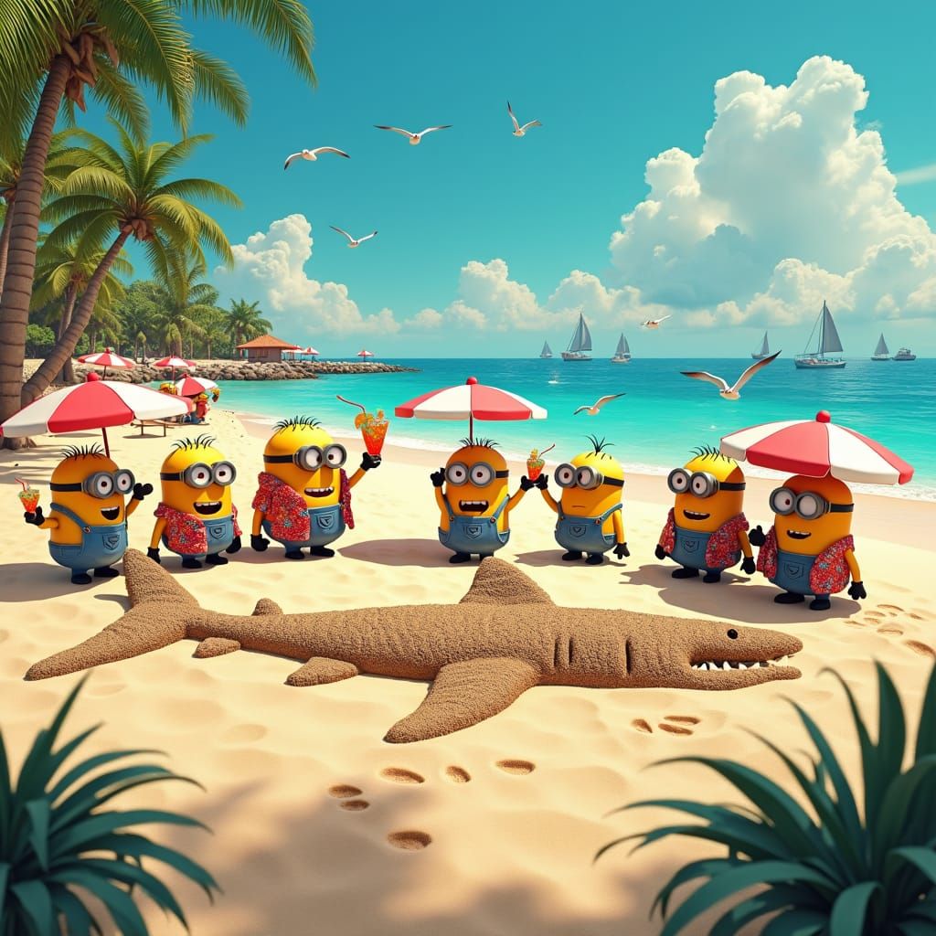 Minions' Beach Art: Shark Sand Drawing