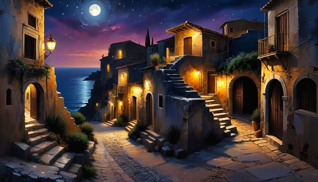 Mediterranean Town Street at Night in Acrylic Painting Style