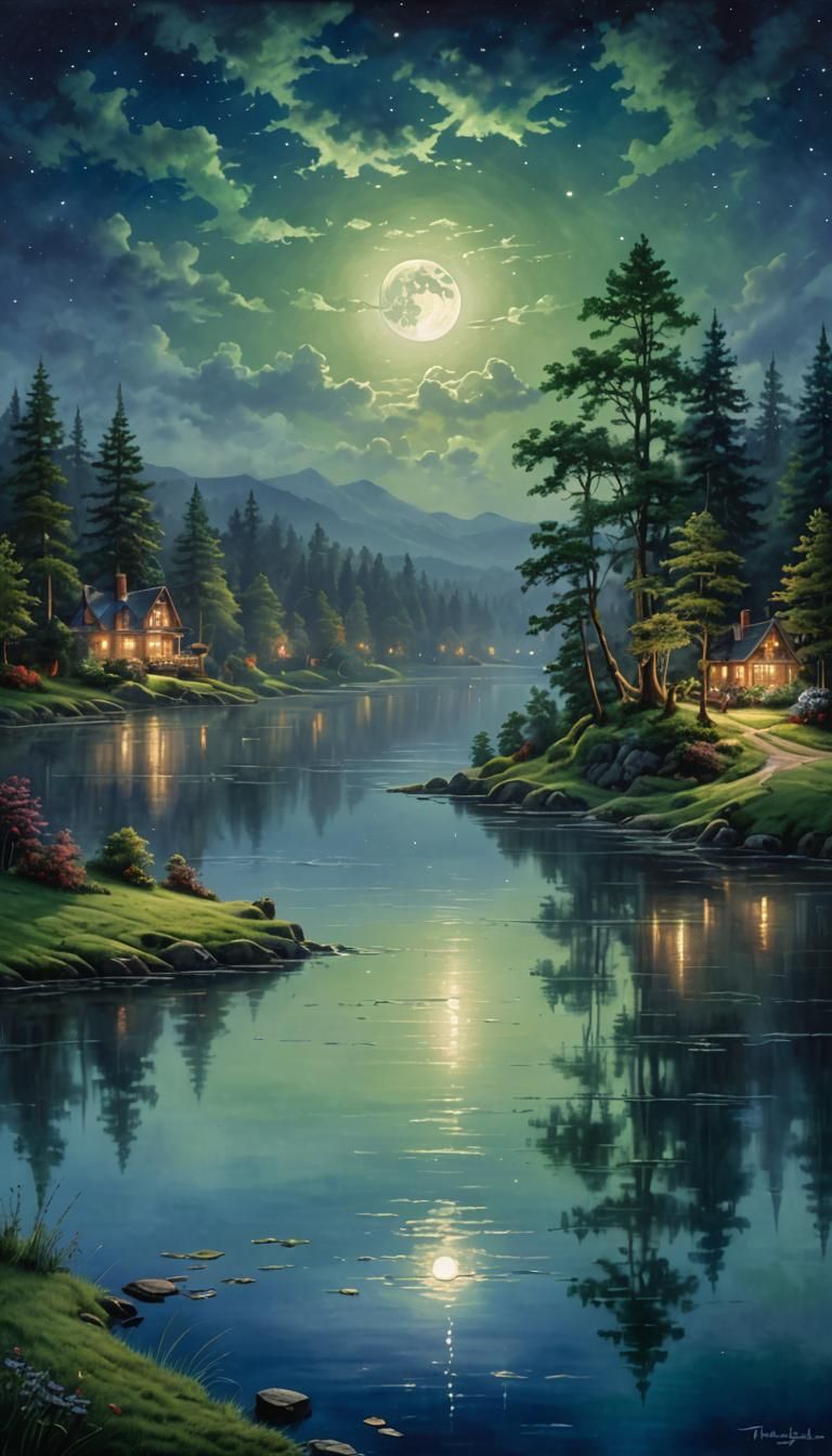 Moonlit Lake in Serene Fantasy Landscape
