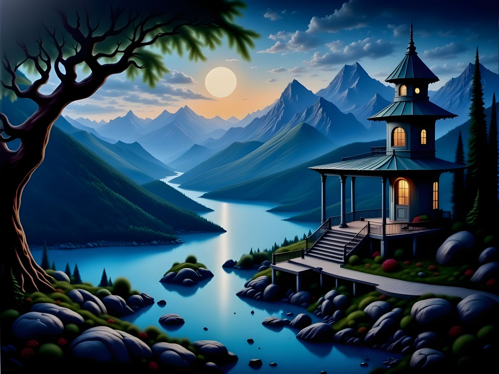 Ethereal Shrine at Dusk in a Sapphire and Emerald Haze