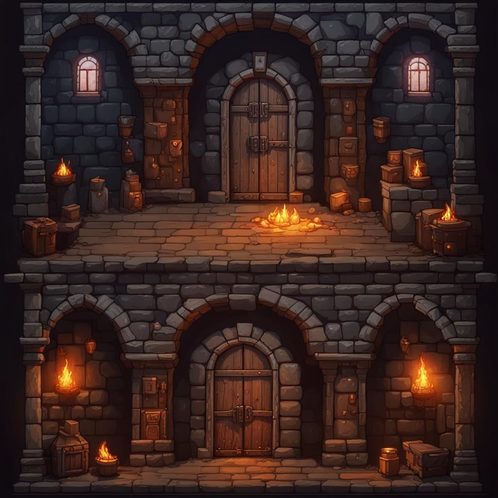 Pixel Art RPG Dungeon Interior with Torches