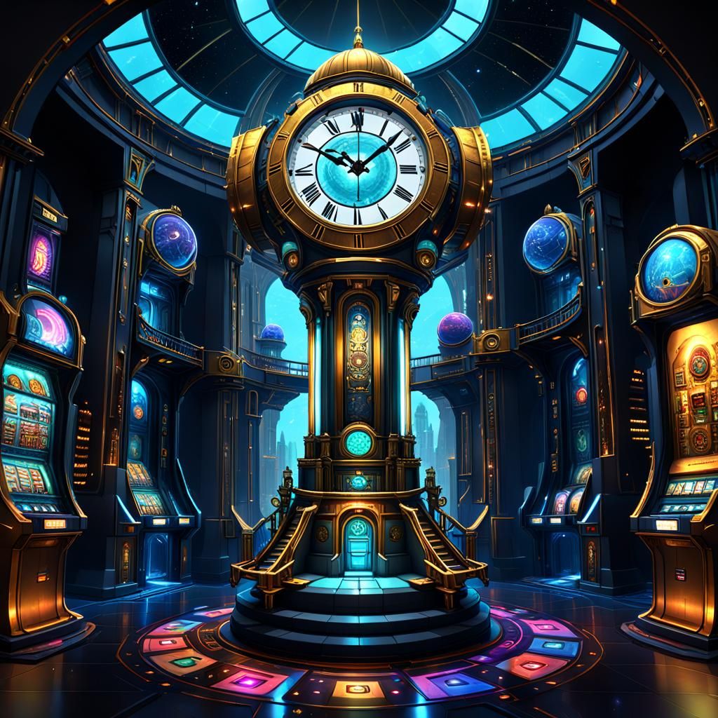 Futuristic Clock Tower in Sci-Fi Room, 8K Render
