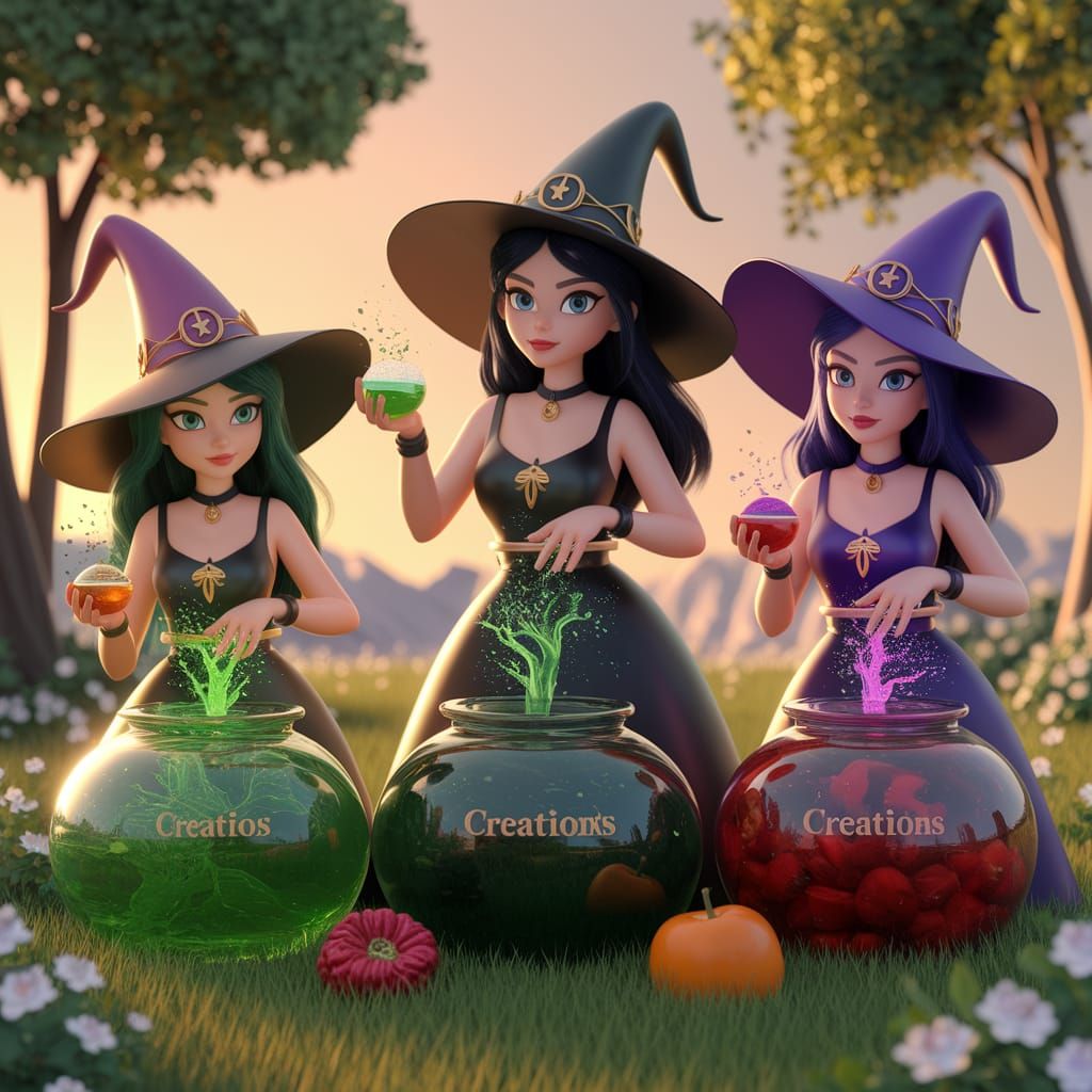 Three Nature Witches Crafting Potions in Golden Hour