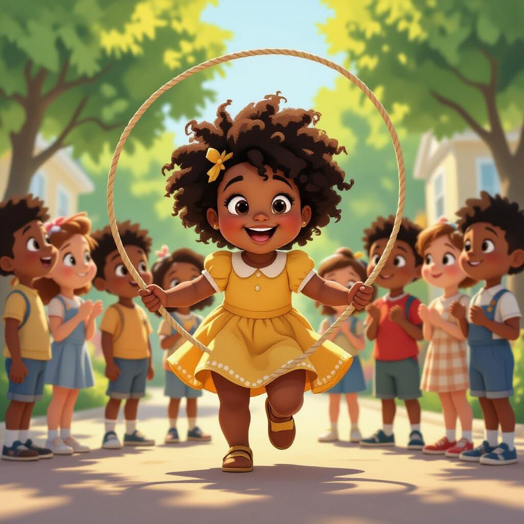 Black Girl Playing Double Dutch in Animation Style