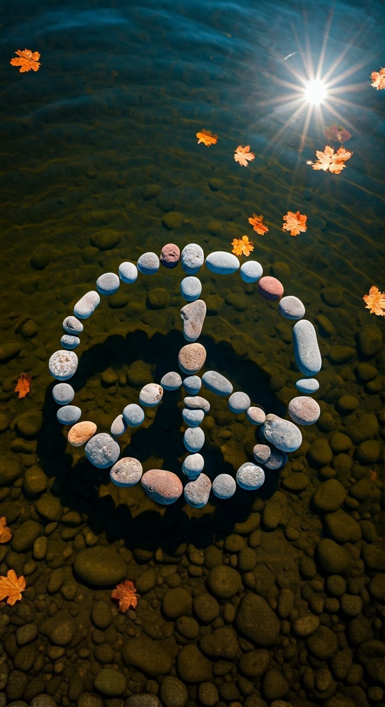 Balancing Rock Stacks in Peace Symbol Shape on Shimmering La...