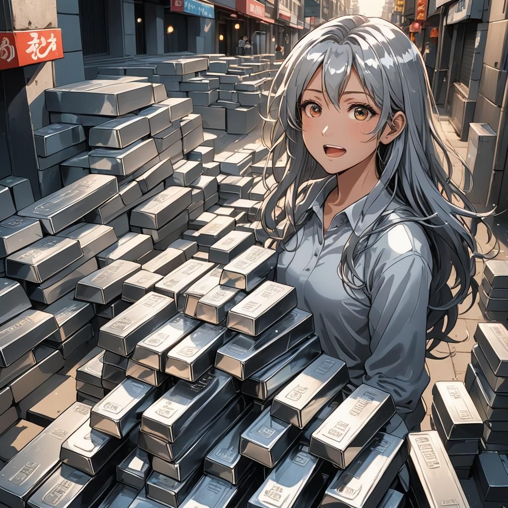 Excited Woman and Silver Bars in Anime Illustration