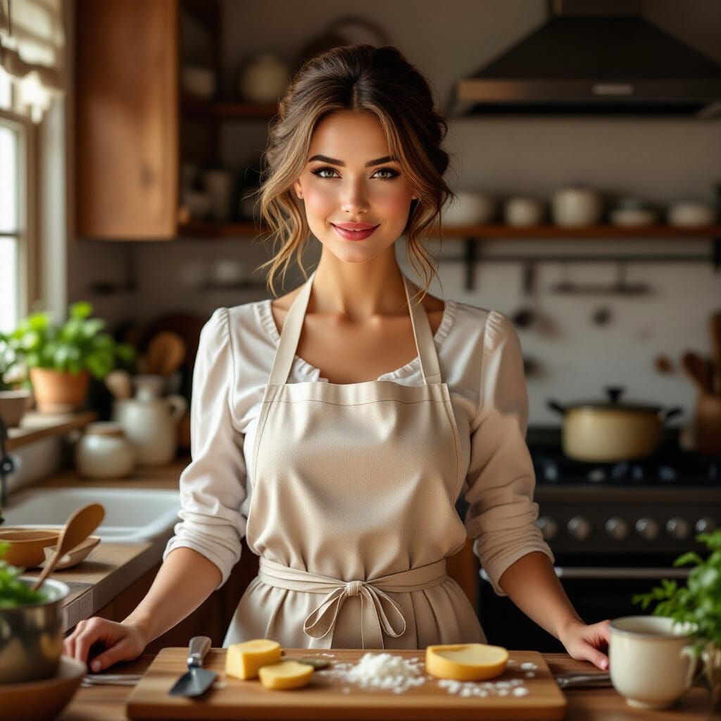 Elegant Woman in Kitchen: Photorealistic Digital Art