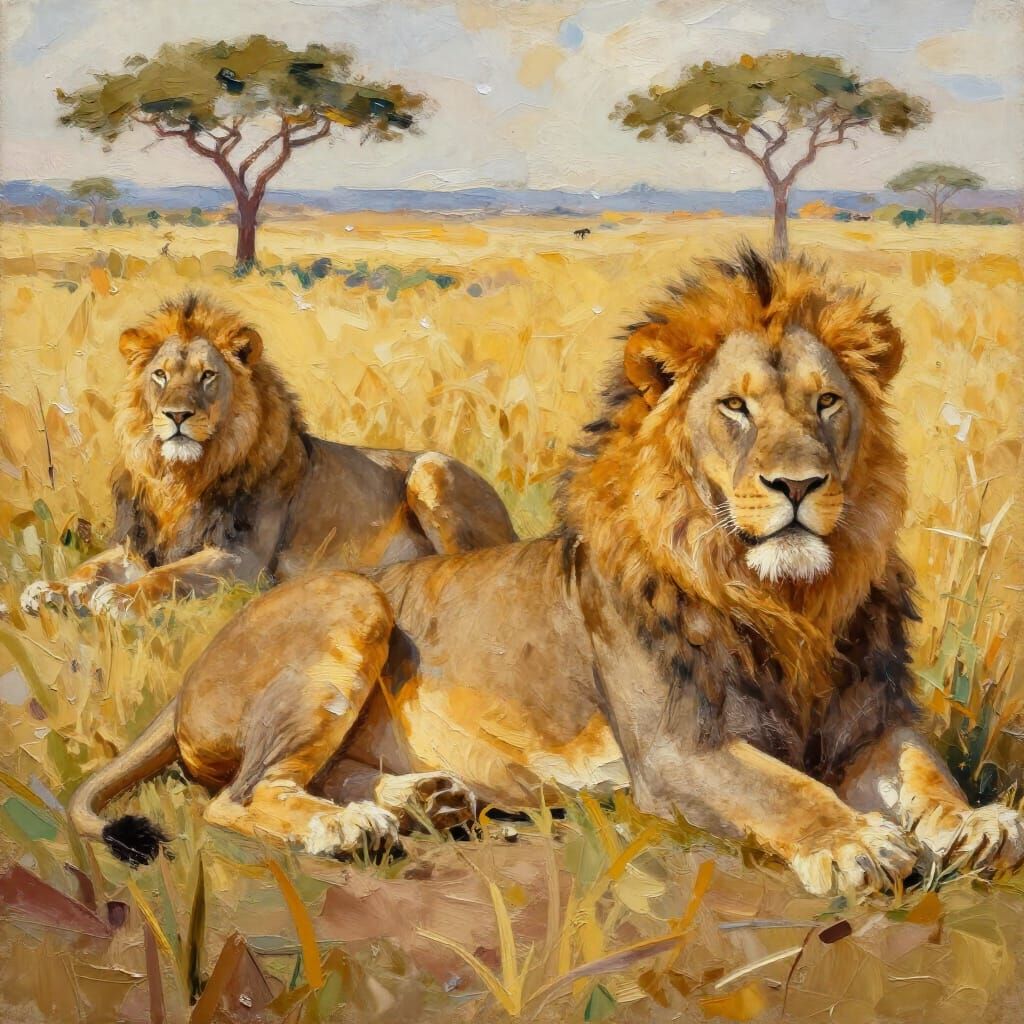 Majestic Lions Resting in Golden Savanna Light