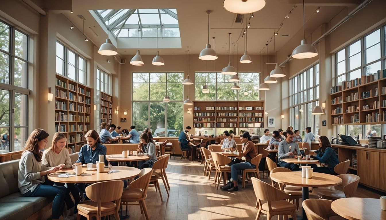 Inviting Library Cafe Interior with Ambient Lighting