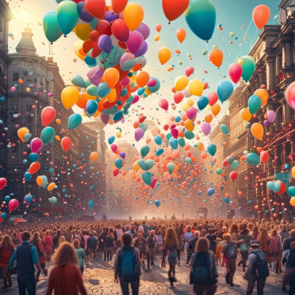 Colorful City Parade with Balloons in Hyperrealistic Style