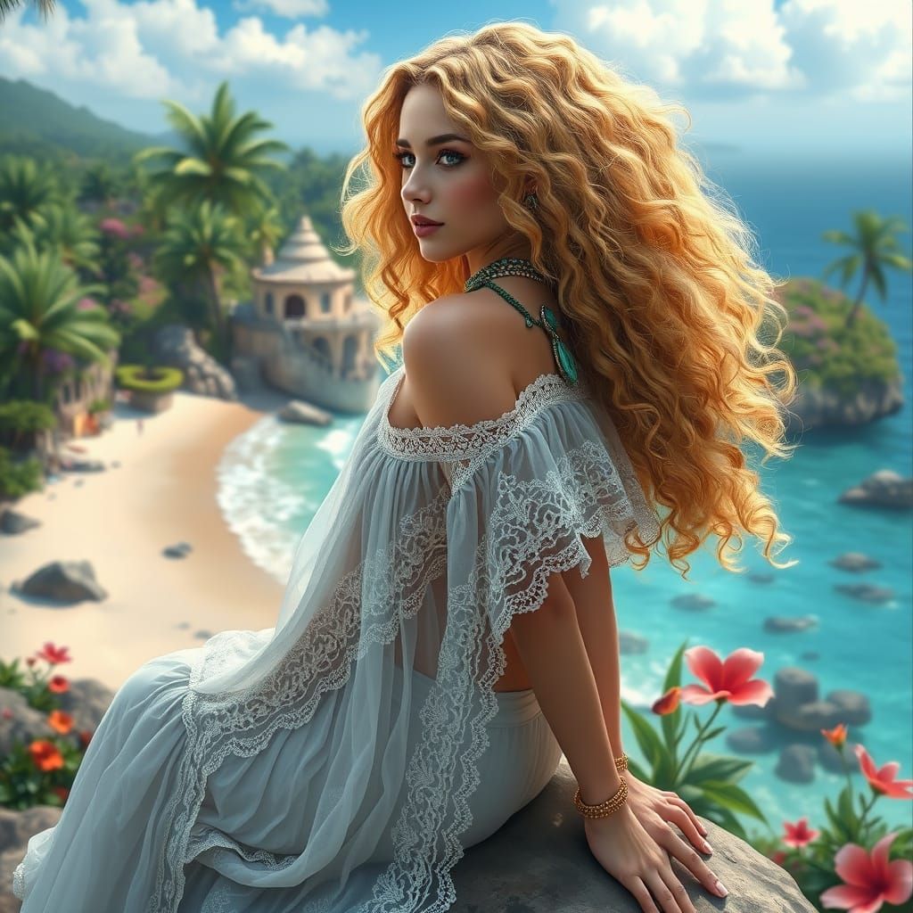 Dreamlike Woman on Tropical Beach, Digital Oil Painting