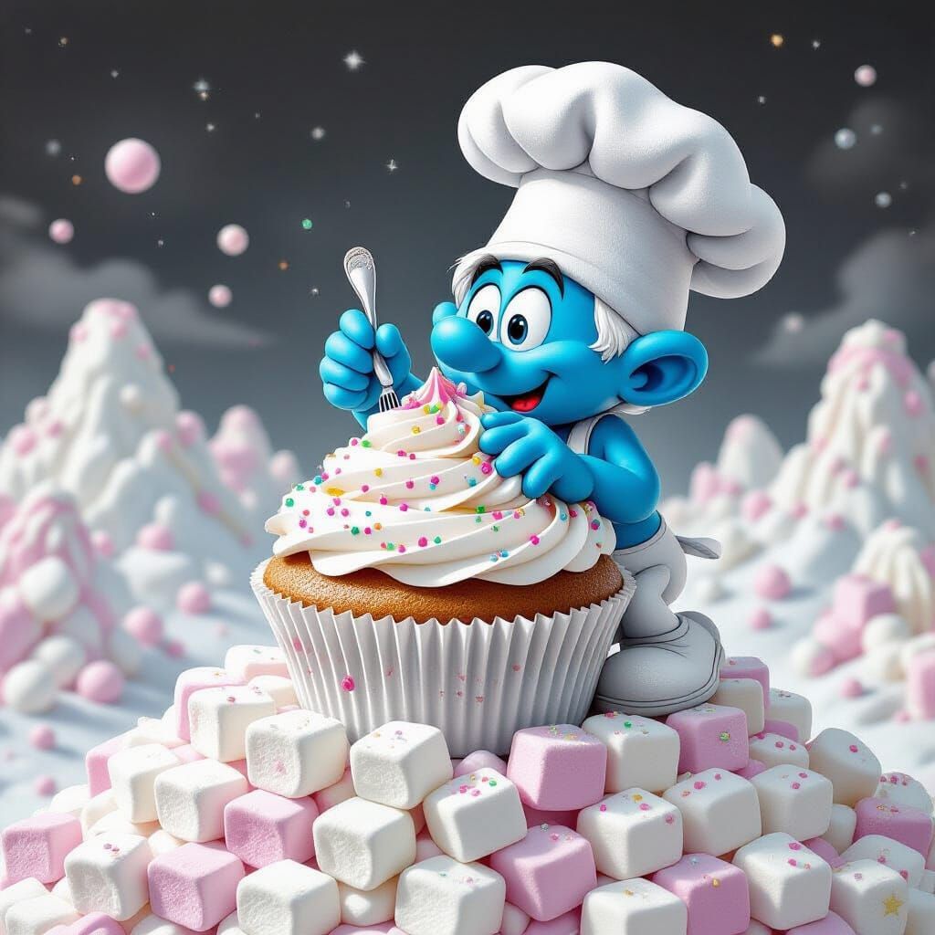 Smurf Chef Decorates Giant Cupcake in Candy Landscape