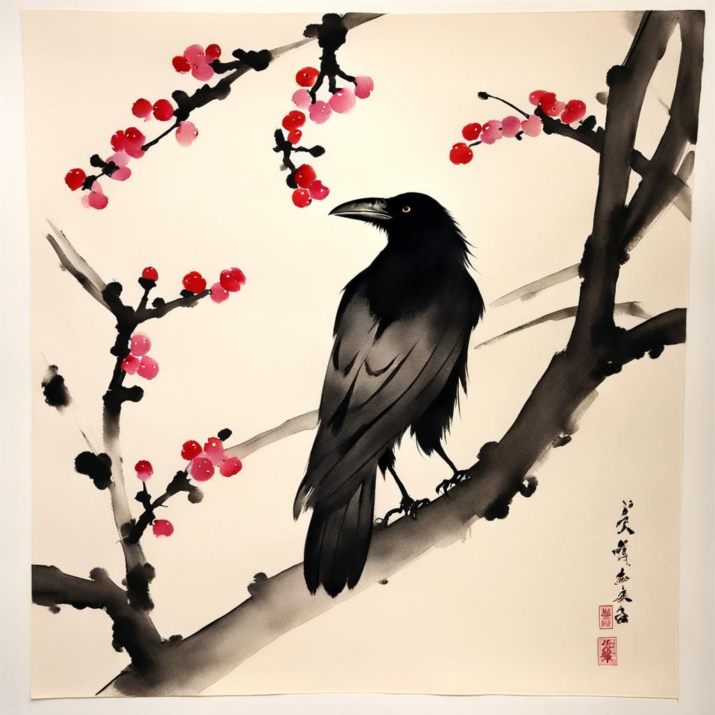 Crow and Plum Blossoms in Sumi-e Style