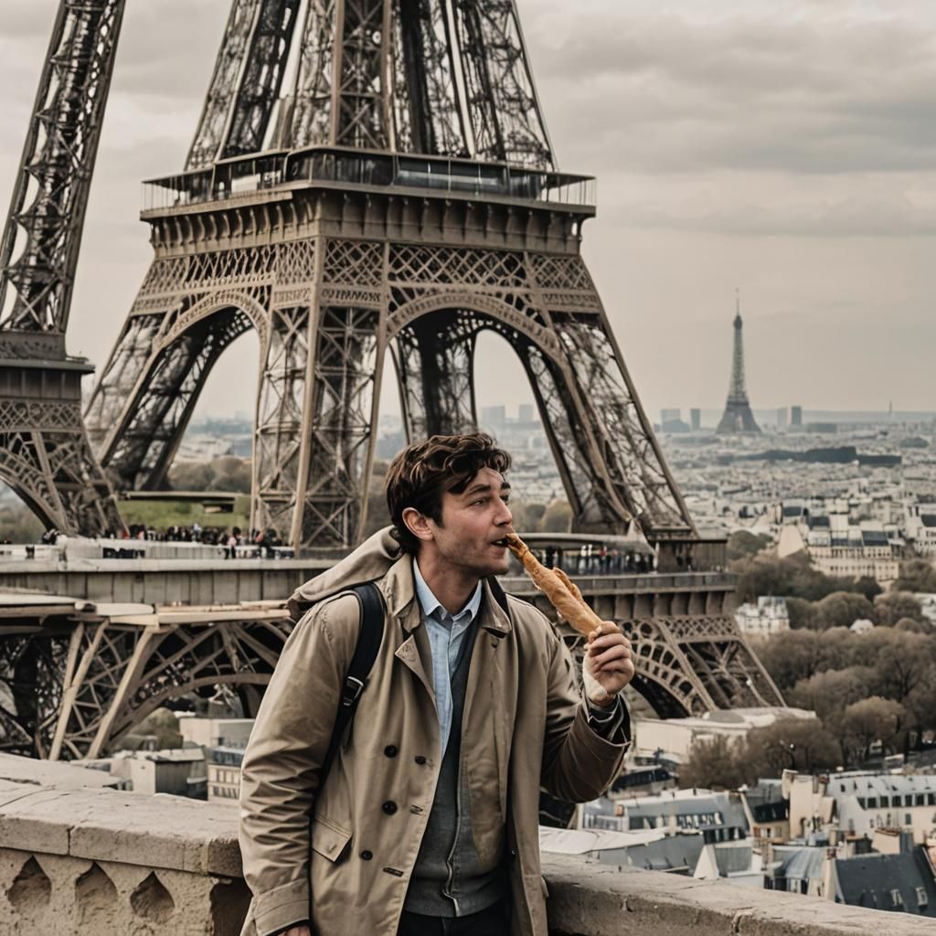 Man Eating Baguette at the Eiffel Tower