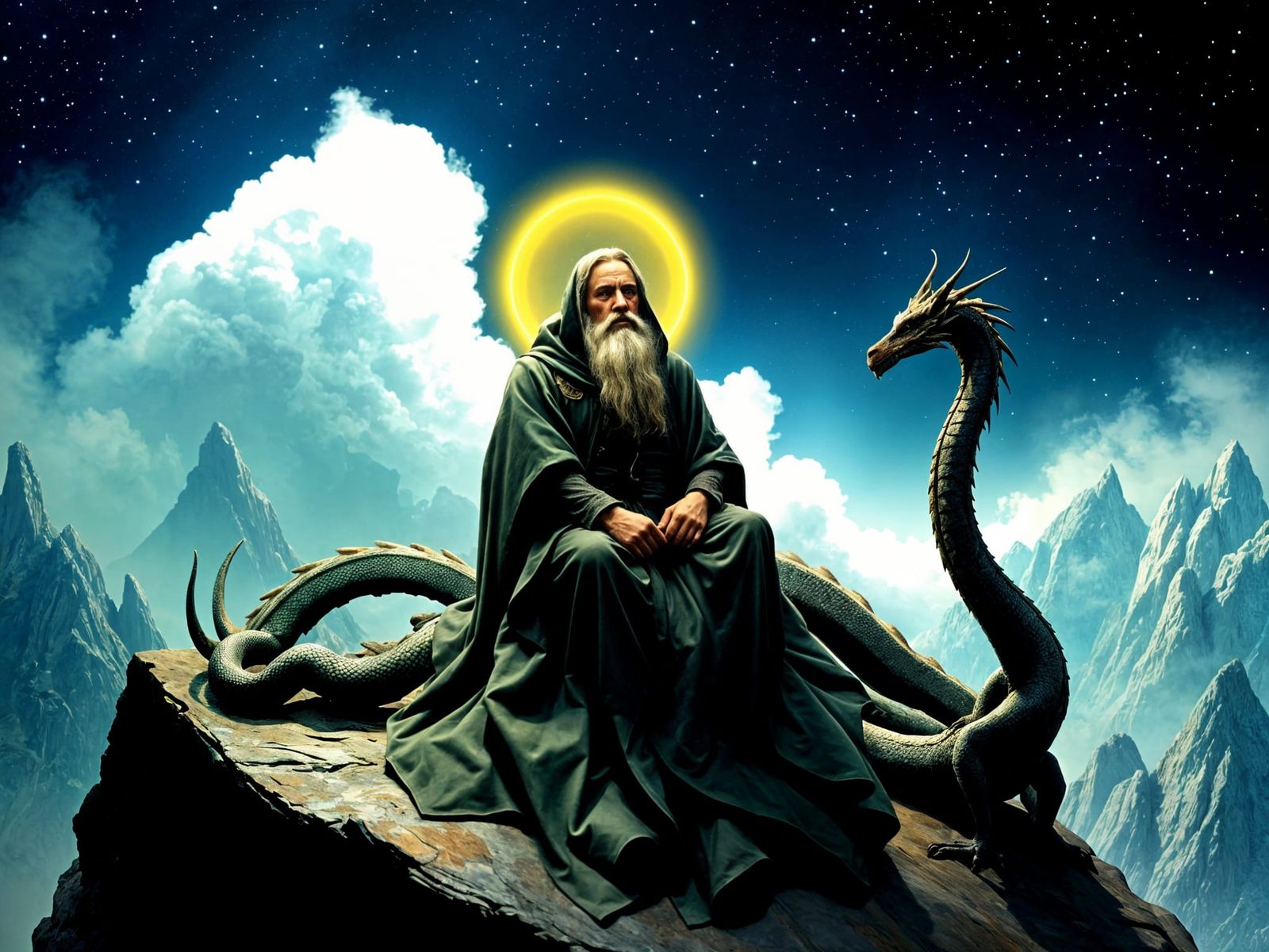 Mystical Wizard and Dragon Ponder Existence in Ethereal Land...