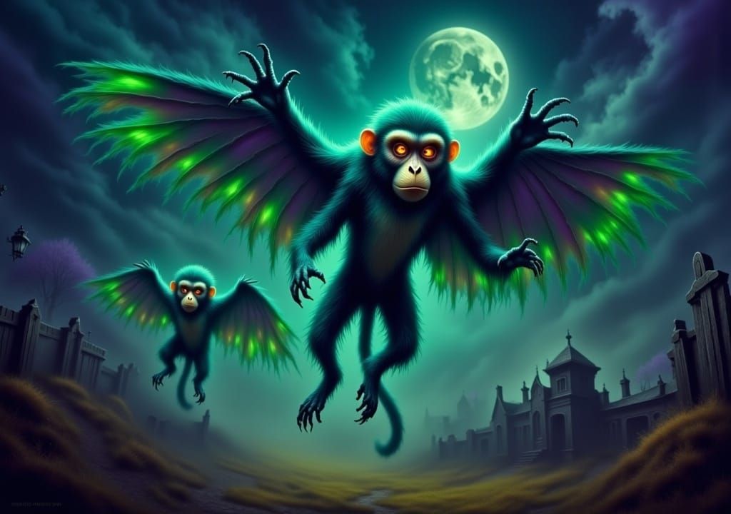 Flying Monkeys Soaring Above Mystical Land as Gouache Painti...