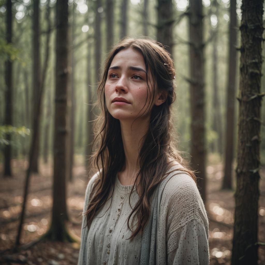 Brokenhearted Girl Cries in Forest: Natural Light Portrait