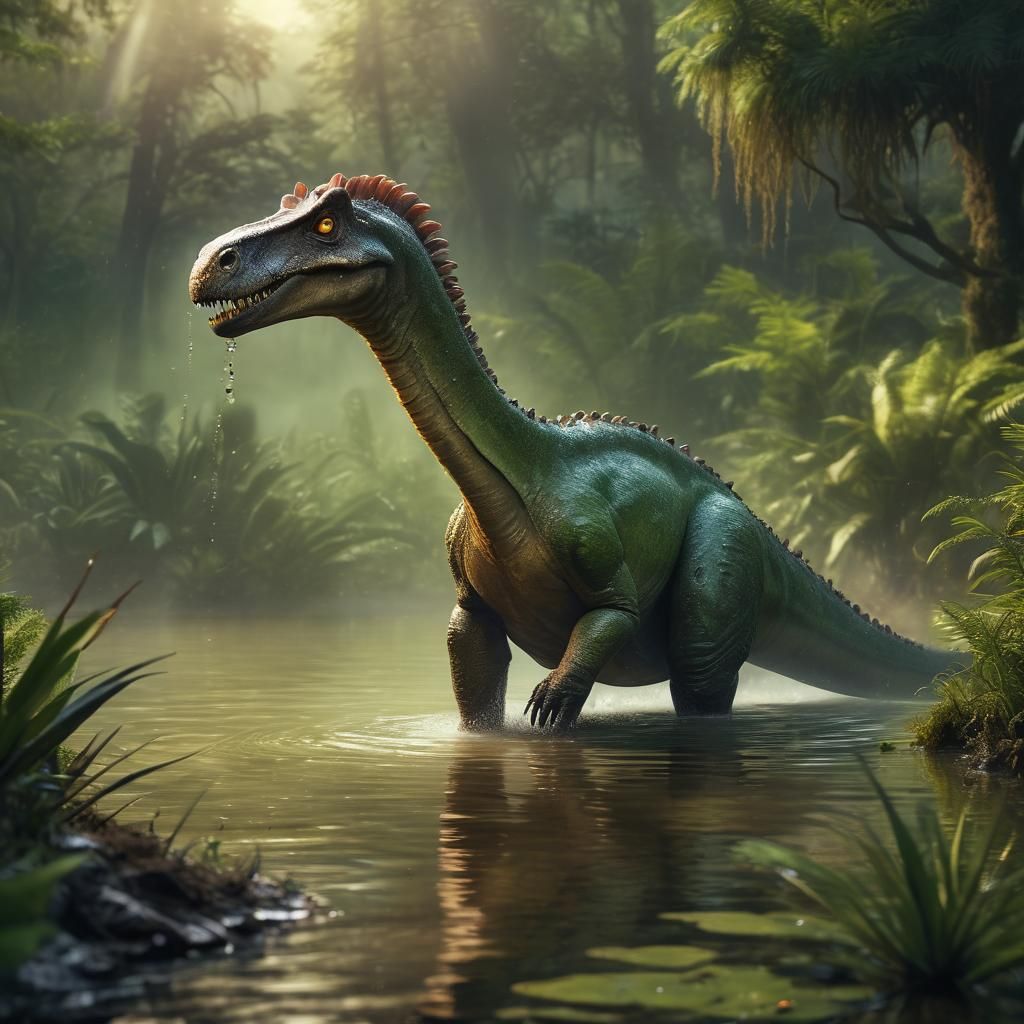 Vibrant Digital Painting of a Hadrosaur in a Lush, Misty Lan...