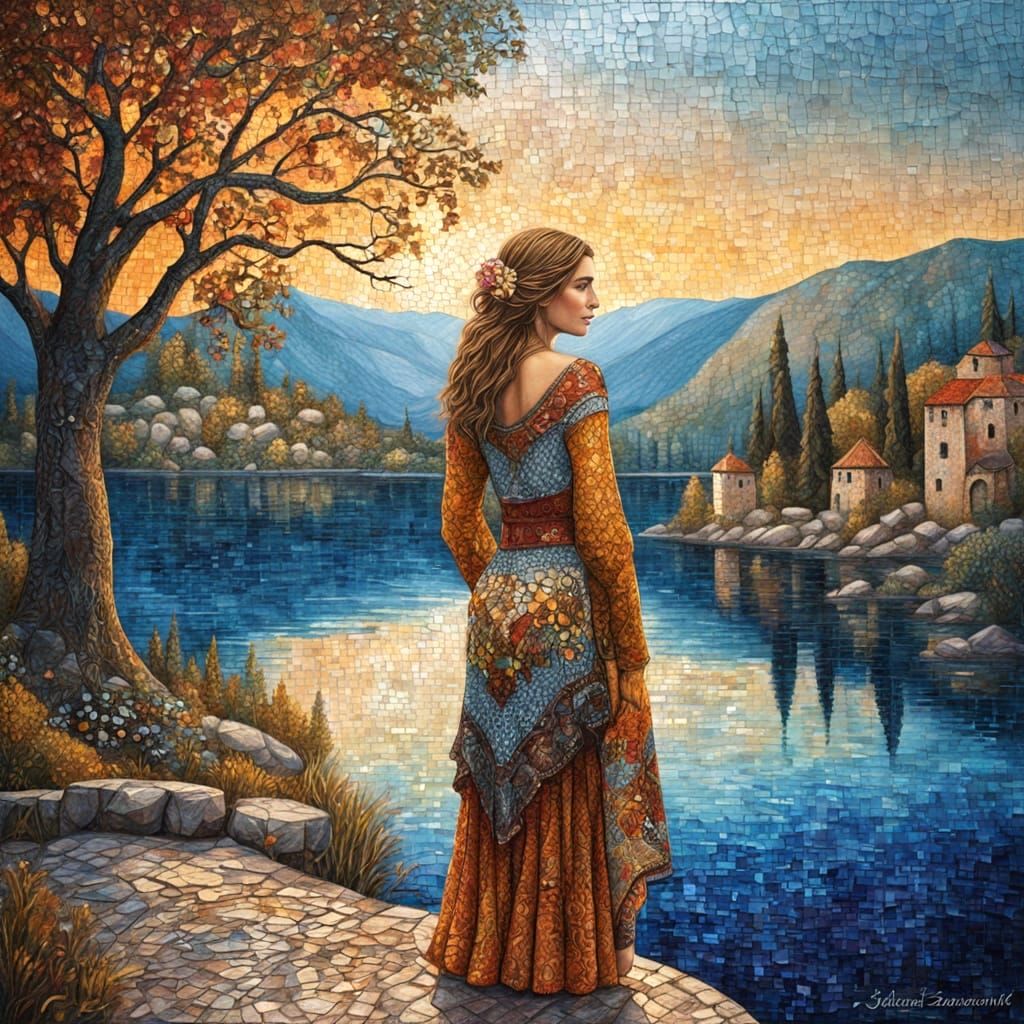 Vibrant Oil Painting of Gypsy Girl by Croatian Lake