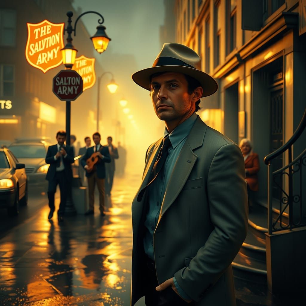 Surrealist figurative art. Street-level view. A Salvation Army band playing in a nostalgic urban setting, circa 1963, as...