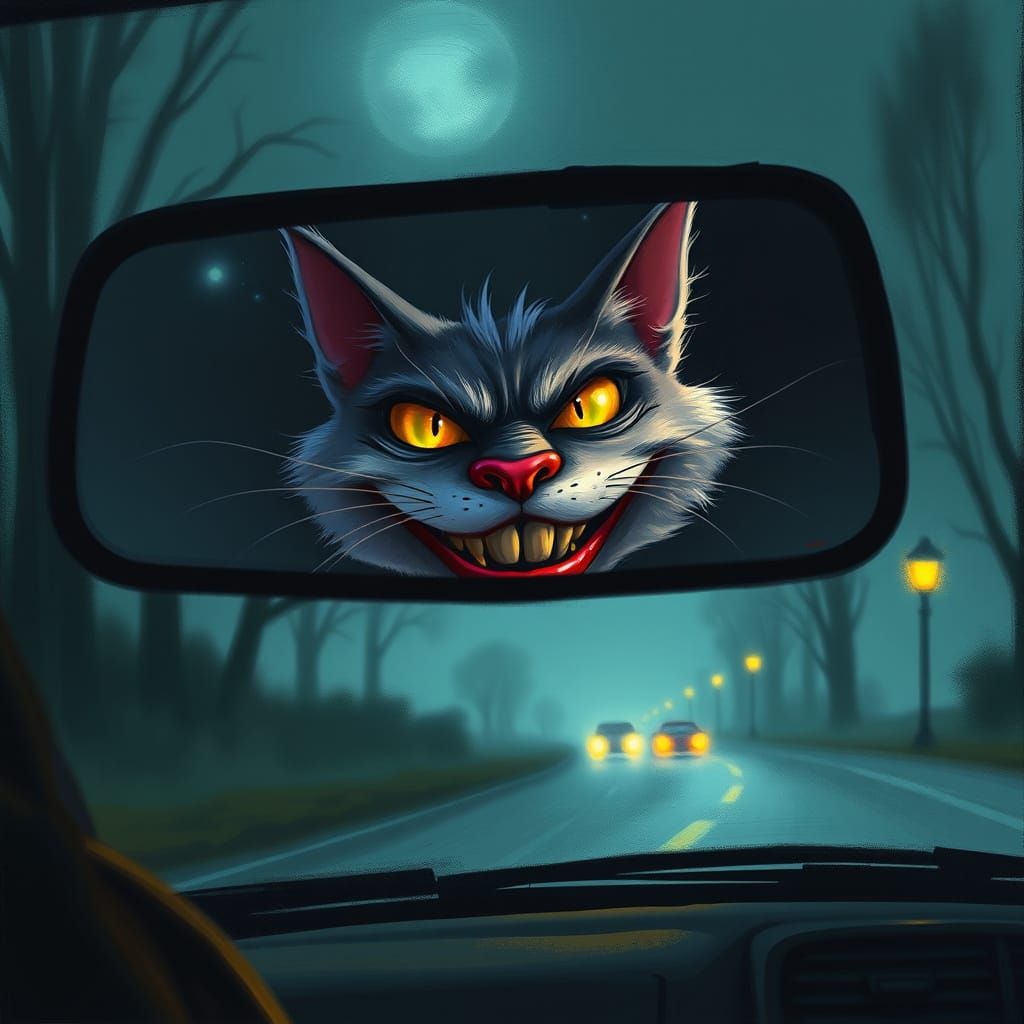Whimsical Cheshire Cat in Car's Rear-View Mirror, in Dreamli...