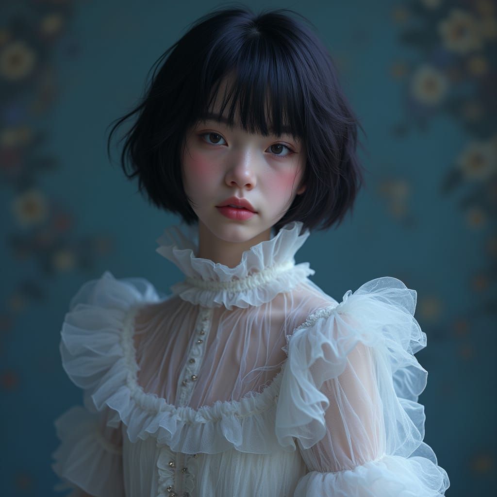 Ethereal Teenage Boy in Flowing White Blouse with Dramatic S...