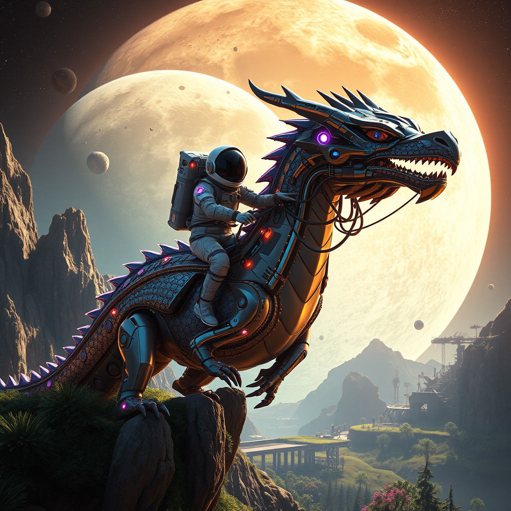 Astronaut Rides Mechanical Dragon in Futuristic Space Habita...