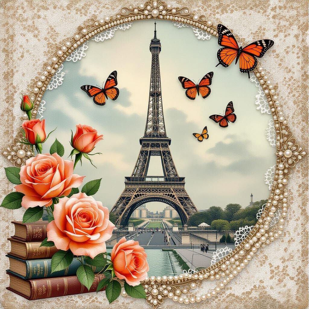 Ethereal Fantasy Scrapbook Page with Eiffel Tower & Roses