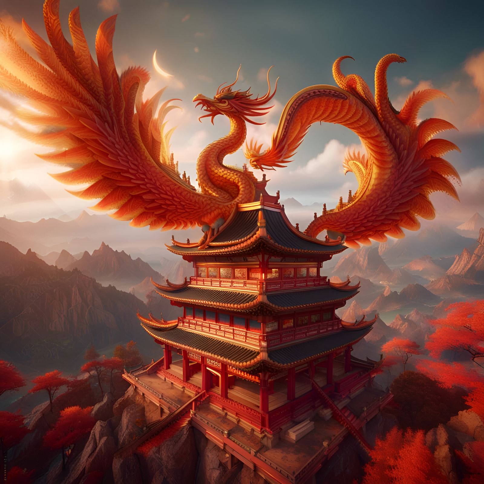 Oriental Dragon and Phoenix Fly Above Temple
