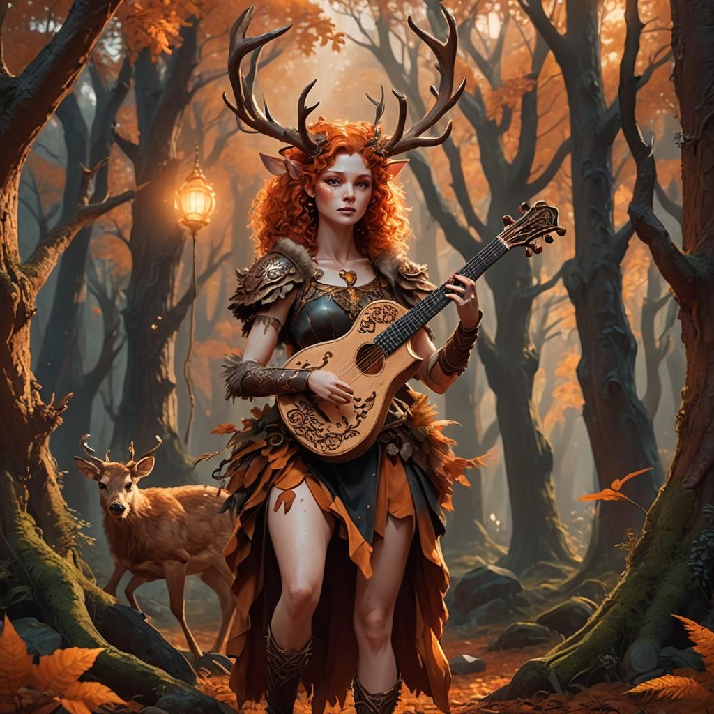 Deer-Like Female Satyr in Orange Forest